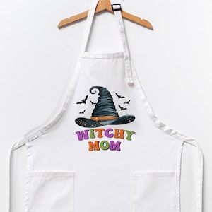 Witchy Mom Kitchen Aprons, Funny Halloween Gift, Custom Name Halloween Witch Hat Design Apron, Halloween Party Apron, Chef Halloween Gift