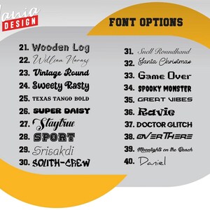 a list of various font options, including names and styles, presented in a circular format. The font options are organized in a way that allows for easy comparison and selection.
