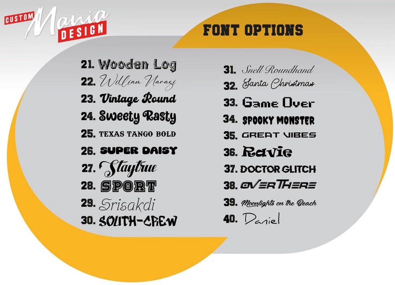 a list of various font options, including names and styles, presented in a circular format. The font options are organized in a way that allows for easy comparison and selection.