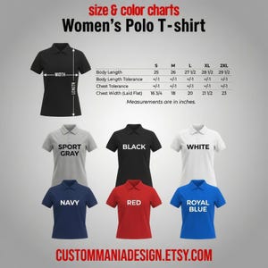 a collection of women's polo t-shirts in various colors, sizes, and styles, along with size and color charts.