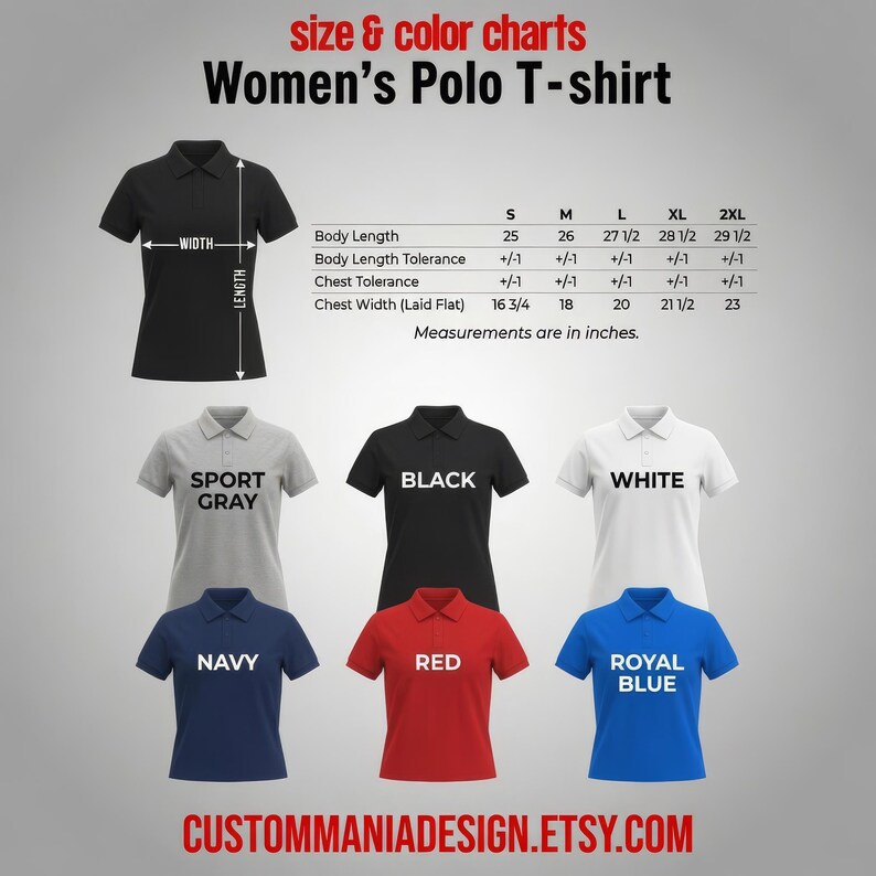 a collection of women's polo t-shirts in various colors, sizes, and styles, along with size and color charts.