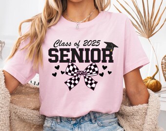 Retro Senior 2025 Tee, Checkered Coquette Graduation Shirt