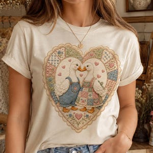 Cottagecore Goose Couple T-Shirt, Vintage Quilted Heart Design, Farmhouse Animal Tee