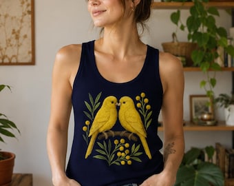 Camiseta sin mangas con estampado de pájaros enamorados y canarios / Camiseta sin mangas con ilustración botánica