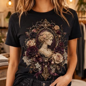 Op de afbeelding: Een zwart t-shirt met een centrale afbeelding van een profielportret van een persoon met een uitgebreid kapsel, gevat in een sierlijke ovale lijst omringd door gedetailleerde rozen, kanten accenten, parels en donkerpaarse linten.