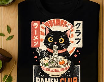Camiseta retro japonesa de gato ramen, camiseta con gráfico de fideos vintage