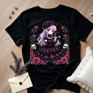 Gothic Lolita Dark Rose Anime Girl T-Shirt,Kawaii Goth Aesthetic Tee,Soft Black Unisex Shirt
