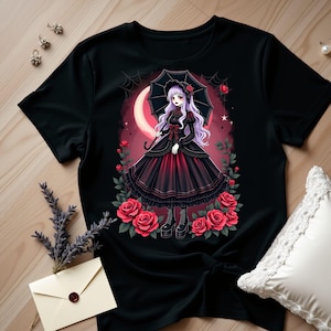 Gothic Lolita T-Shirt, Moonlit Pastel Goth Girl with Parasol and Roses, Elegant Gothic Aesthetic Tee