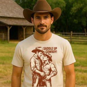 Sexy Gay Cowboy Shirt, Saddle Up Cowboy Tee, Mlm Pride T-Shirt, Vintage Western Top for Him, Gay Rodeo Gift