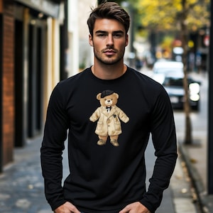 Fashionista Teddy Bear Long Sleeve T Shirt, Stylish Teddy Bear Graphic Tee, Adorable Bear Outfit Shirt for Kids Adults