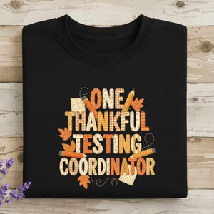 May include: Black sweatshirt with the text "ONE THANKFUL TESTING COORDINATOR" in orange and white lettering. The design includes pencils, autumn leaves, and graph paper elements, perfect for a testing coordinator.