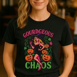 Shirt Gourdgeous Chaos Witch, T-shirt Halloween ee voor vrouwen, T-shirt Glam Witch Pumpkin, Spooky Leuk Cadeau