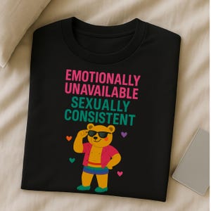 Funny Gay Pride T-Shirt: Embroidered Bear, Emotionally Unavailable