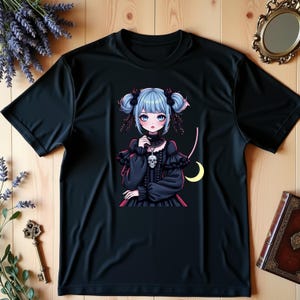 Gothic Lolita Anime Girl T-Shirt, Cute Harajuku Style Tee, Kawaii Blue Hair Chibi Shirt, Pastel Goth Fashion Top, Ruffle Detail Design