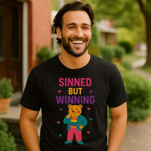 Funny Gay Pride T-Shirt: Embroidered Queer Bear Tee - Sinned But Winning