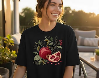 Botanical Pomegranate T-Shirt, Vintage Fruit Graphic, Cottagecore Style