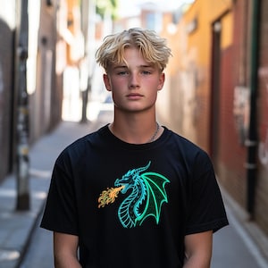 Dragon Fire Breath T-Shirt Kids Youth Tee Graphic Print Fantasy Creature Shirt Gift for Boys Girls Cool Dragon Design Top