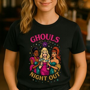 Ghouls Night Out Shirt, Halloween Girls Trip Tee, Funny Bachelorette Party T-Shirt, Retro Spooky Cocktail Top for Women
