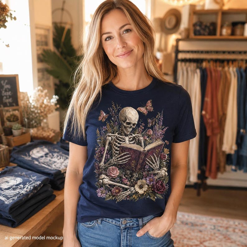 Navy t-shirt with skeleton reading a book surrounded by flowers and butterflies.
