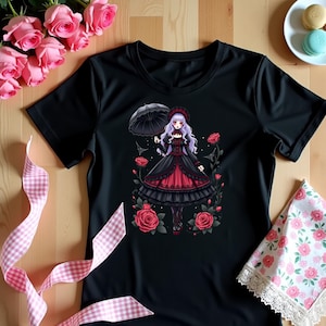 Gothic Lolita Harajuku T-Shirt, Anime Girl with Roses, Dark Fashion Tee, Cute Japanese Alternative Style, Moon and Roses Print Top