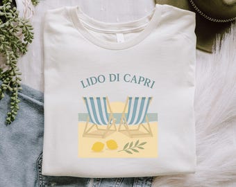 Lido di Capri T-Shirt: Italian Coastal Beach Chairs, Lemon Design