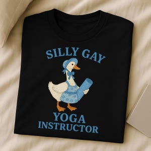 Funny Yoga Goose T-Shirt: Cottagecore Embroidered-Style LGBTQ Yogi Gift