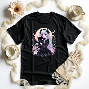 Gothic Lolita T-Shirt, Anime Girl with Black Cat, Pastel Gothic Art, Cute Japanese Fashion, Kawaii Gothic Tee, Gothic Lolita Clothing