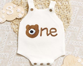 Hand Embroidered Name Baby Romper, Personalized Outfit, Beary First Birthday Outfit, Coming Home, Organic Cotton Knit, 1st Birthday Gifts