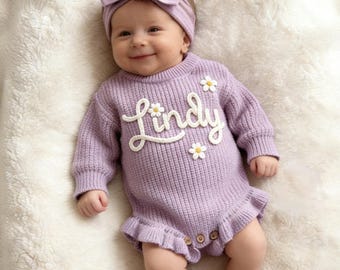Custom Baby Name Romper, First Birthday Sweater Romper, Personalized Cake Smash Outfit, Embroidered Toddler Romper, Newborn Romper Set