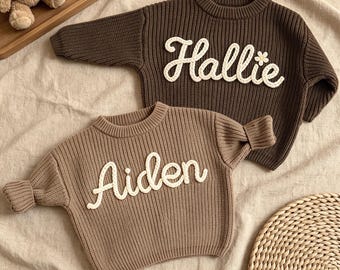 Personalized Hand Embroidered Baby Sweater, Custom Baby Name Sweater, Newborn Jumper, Crochet Chunky Knit Baby Sweater, 1st Birthday Outfits