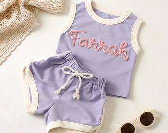 Personalisierte Puff Name Baby Tank Top und Shorts Set, gestickter Bubble Romper, kleine Mädchen Monogramm Sets, Baby Outfits personalisierte Jungen