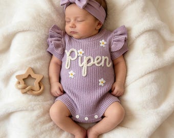 Newborn Frilly Romper, Custom Name Baby Girl Romper, Cotton Knit Ruffle Romper, Hand Embroidered Toddler Romper, Personalized Gift for Baby