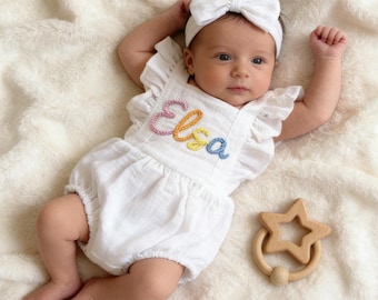 Personalized Linen Baby Romper, Embroidered Name Bubble Romper, Baby Girl Summer Outfit, Cotton Muslin Romper Dress, First Birthday Gift
