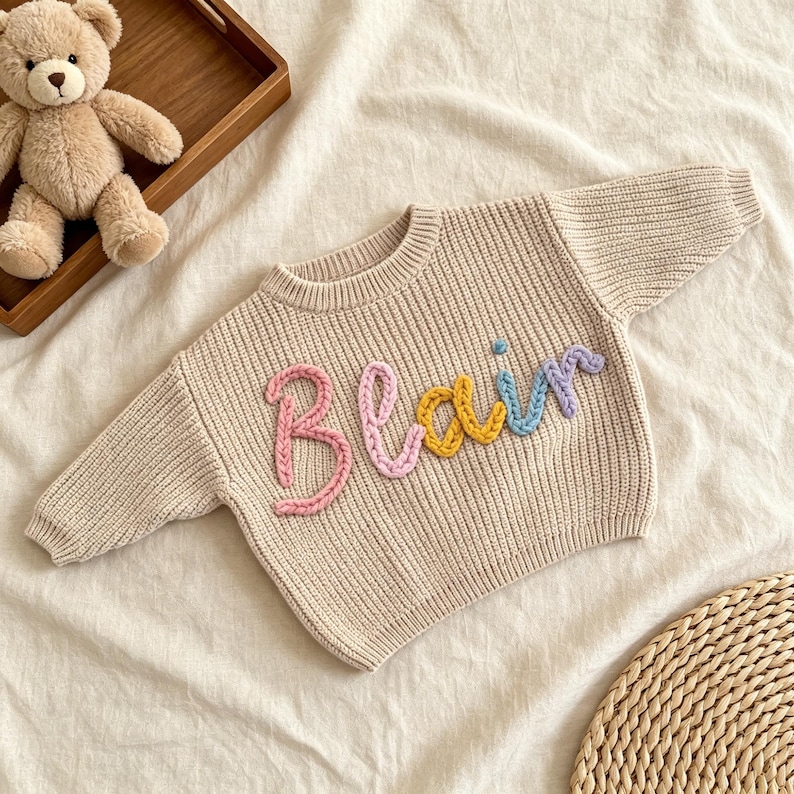 May include: A beige long-sleeve knit sweater featuring the name Blair embroidered in raised, chunky yarn lettering. The letters are colored in pink, yellow, and light blue. The sweater has a ribbed crew neckline, cuffs, and hem.