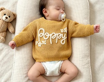 Custom Baby Name Sweater, Personalized Baby Sweater with Name, Embroidered Newborn Outfit, Knitted Toddler Sweater, Baby Shower Gift