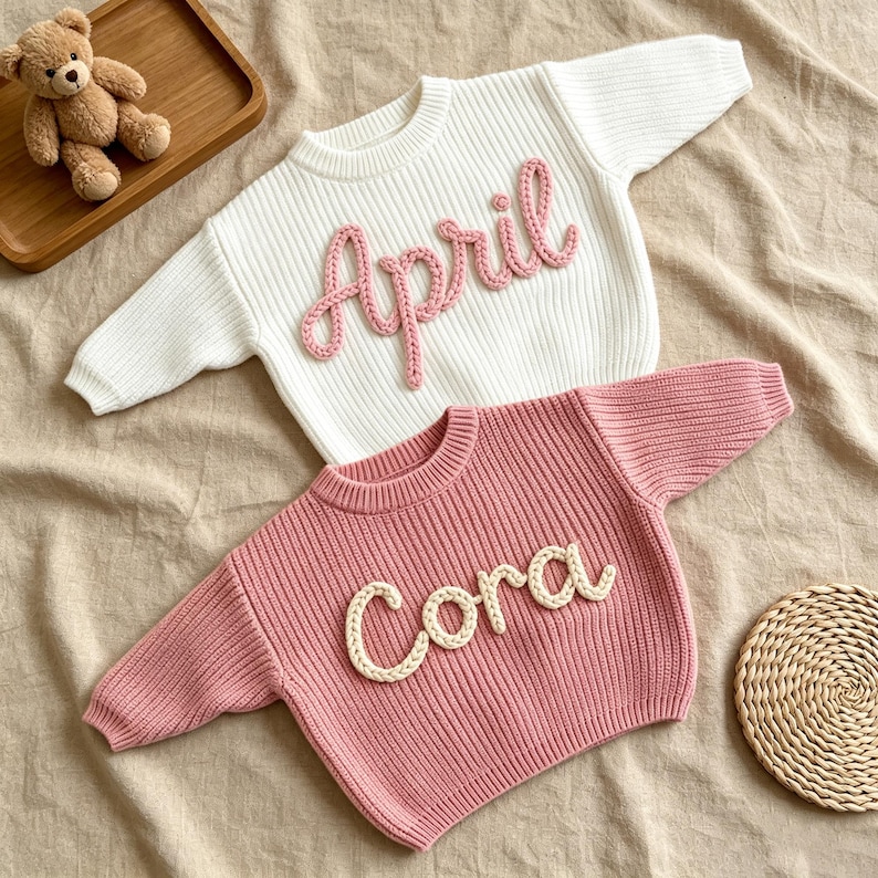 May include: Two long-sleeved ribbed knit sweaters. The top sweater is white with the name April embroidered in pink yarn. The bottom sweater is dusty pink with the name Cora embroidered in white yarn. Both feature crew necklines and cuffs.