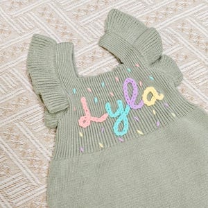 Custom Name Ruffle Romper Girl,Blue Bubble Romper Summer,Baby Girl Romper with Name,First Birthday Romper,Customized Hand Knit Romper Infant