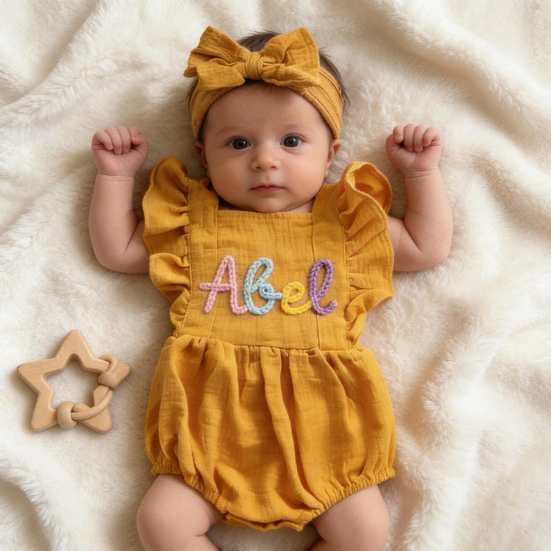 Pelele de lino personalizado para bebé, pelele burbuja con nombre bordado, conjunto de verano para niña, vestido pelele de muselina de algodón, regalo de primer cumpleaños imagen 2
