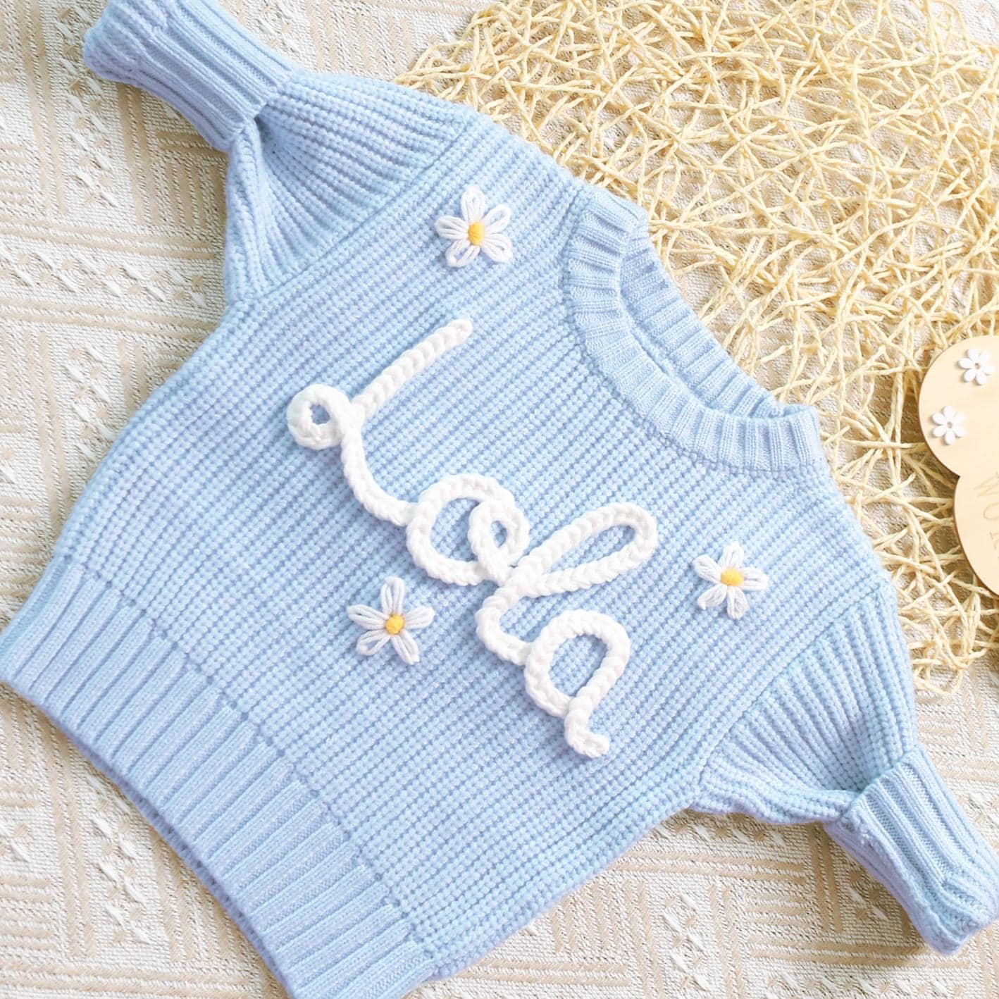 Personalized Baby Name Sweater,Hand Embroidered Knit Sweater with Name,Custom Baby Girl Sweater,Baby Chunky Sweater,First Birthday Outfit