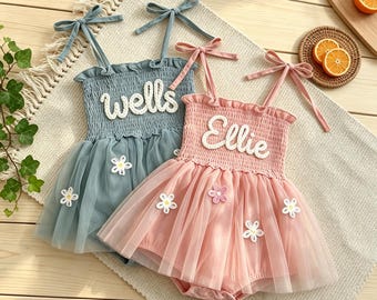 Personalisierte Baby-Mädchen-Namenskleid, benutzerdefinierte Baby-Tutu-Kleid, handbestickter Baby-Strampler, Smash-Cake-Kleid, Geburtstags-Outfit, erstes Babygeschenk