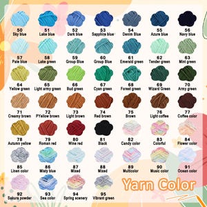 May include: A color chart displaying 46 small, cloud-shaped bundles of yarn, each labeled with a number from 50 to 95 and a corresponding color name. The chart includes various shades of blue, green, brown, red, black, and multicolored options.