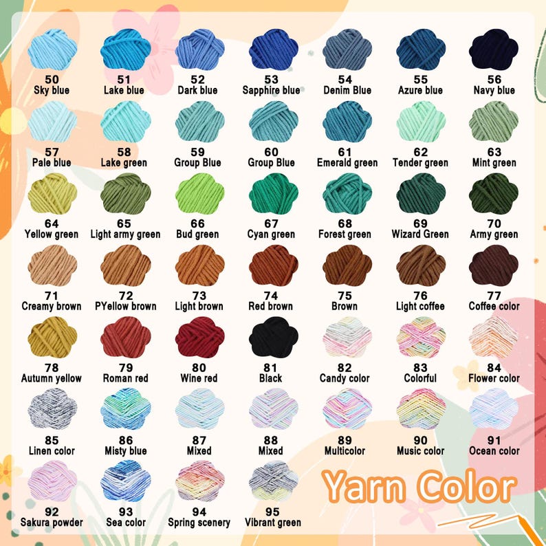 May include: A color chart displaying 46 small, cloud-shaped bundles of yarn, each labeled with a number from 50 to 95 and a corresponding color name. The chart includes various shades of blue, green, brown, red, black, and multicolored options.
