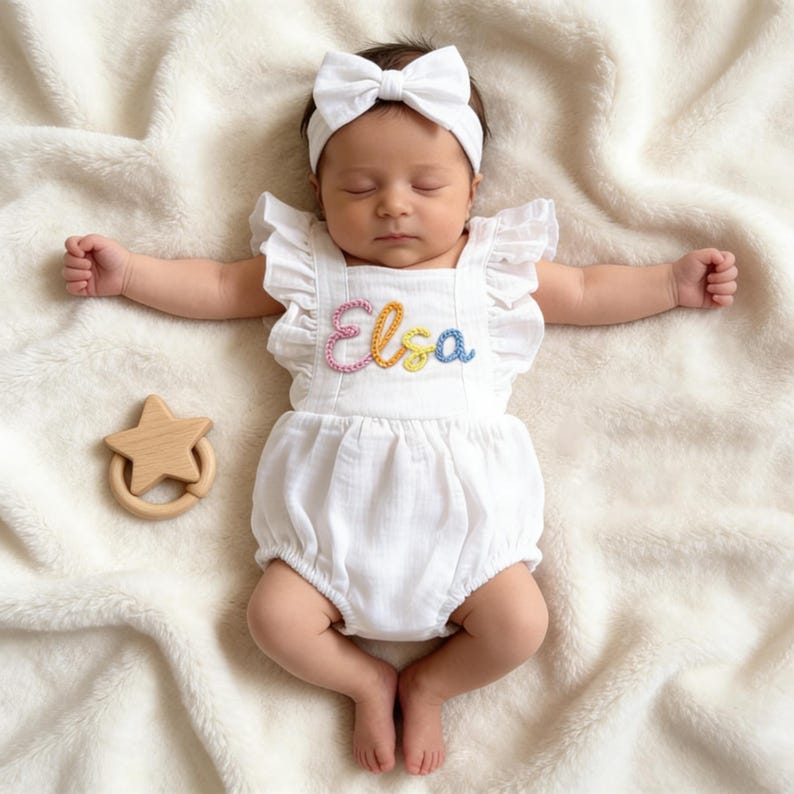 Puede incluir: Un beb&eacute; dormido con un pelele blanco con el nombre "Elsa" bordado en hilo colorido. El beb&eacute; tambi&eacute;n lleva una diadema blanca con un lazo. Un mordedor de madera en forma de estrella est&aacute; al lado del beb&eacute; sobre una manta blanca texturizada.