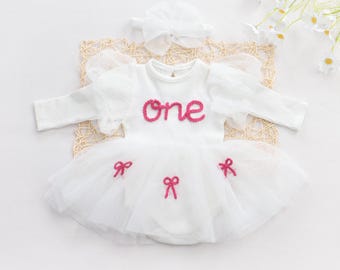 First Birthday Romper Dress, Custom Name Baby Girl Bow Tulle Tutu, One Year Old Outfits, 1st Birthday Gift