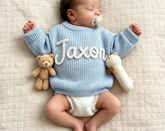 Blue Baby Boy Sweater with Name, Custom Baby Name Knit Sweater, Personalised Chunky Baby Jumper Set, Personalized Gift for Baby Girls Boys