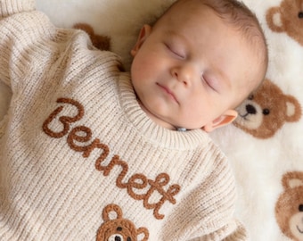 Personalized Baby Sweater, Custom Name Sweater with Bear, Embroidered Baby Outfit, Teddy Beary 1st Birthday Sweater, First Birthday Gift