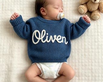 Hand Embroidered Baby Name Sweater, Personalized Baby Sweater with Name, Custom Knit Newborn Crewneck Sweater, Crochet Knitted Baby Jumper