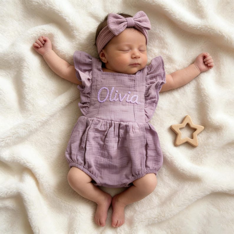Puede incluir: Un beb&eacute; dormido con un pelele lavanda con mangas con volantes y una diadema a juego con un lazo. El nombre "Olivia" est&aacute; bordado en el pelele. Un mordedor de madera en forma de estrella est&aacute; al lado del beb&eacute;.