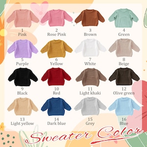 May include: A collection of sixteen long-sleeved sweaters arranged in a grid, each labeled with a number and color name including pink, rose pink, brown, green, purple, yellow, white, beige, black, red, light khaki, olive green, light yellow, dark blue, grey, and blue.