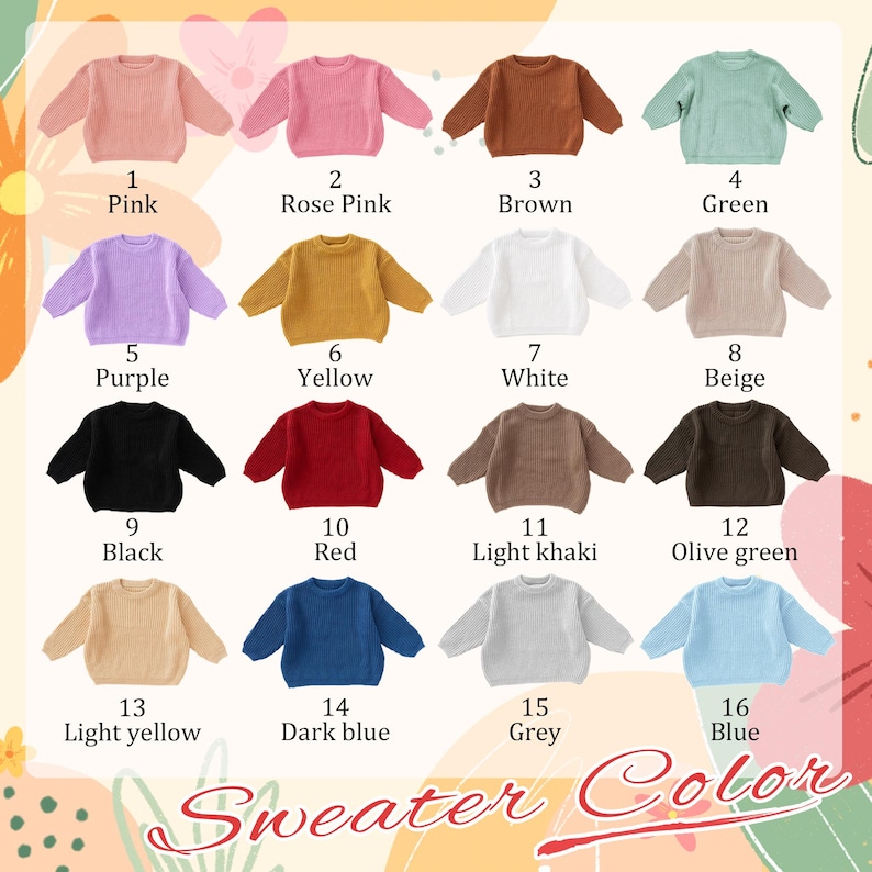 May include: A collection of sixteen long-sleeved sweaters arranged in a grid, each labeled with a number and color name including pink, rose pink, brown, green, purple, yellow, white, beige, black, red, light khaki, olive green, light yellow, dark blue, grey, and blue.